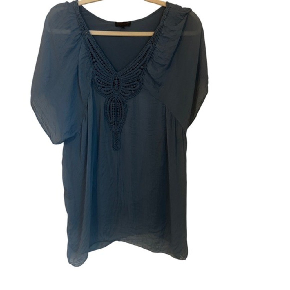Carla Conti Italy Blue Silk Butterfly Crochet Sharkbite‎ Hem Tunic Size M Fairy